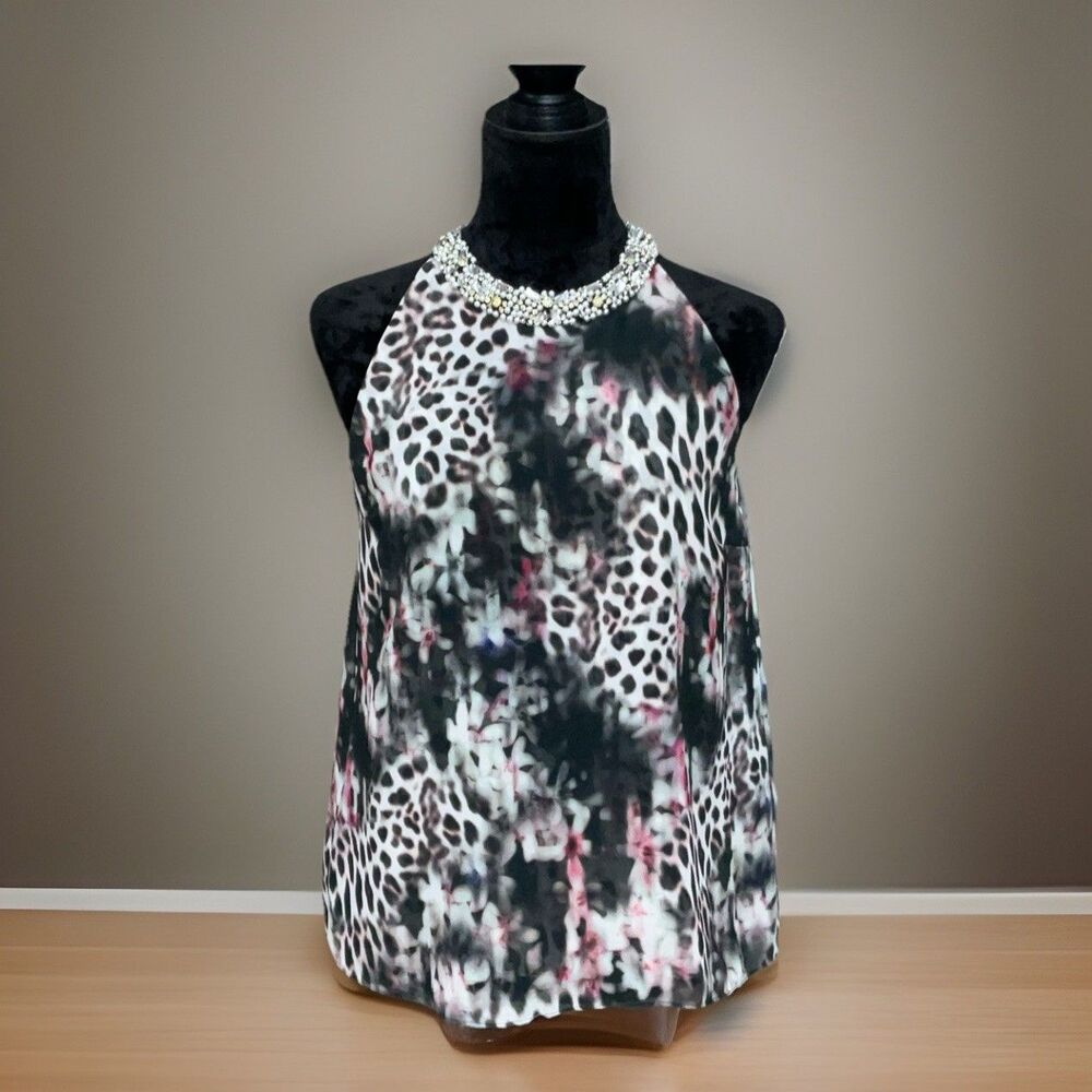 Jennifer lopez Women’s Sleeveless Blouse Beaded Collar Animal Print Size S